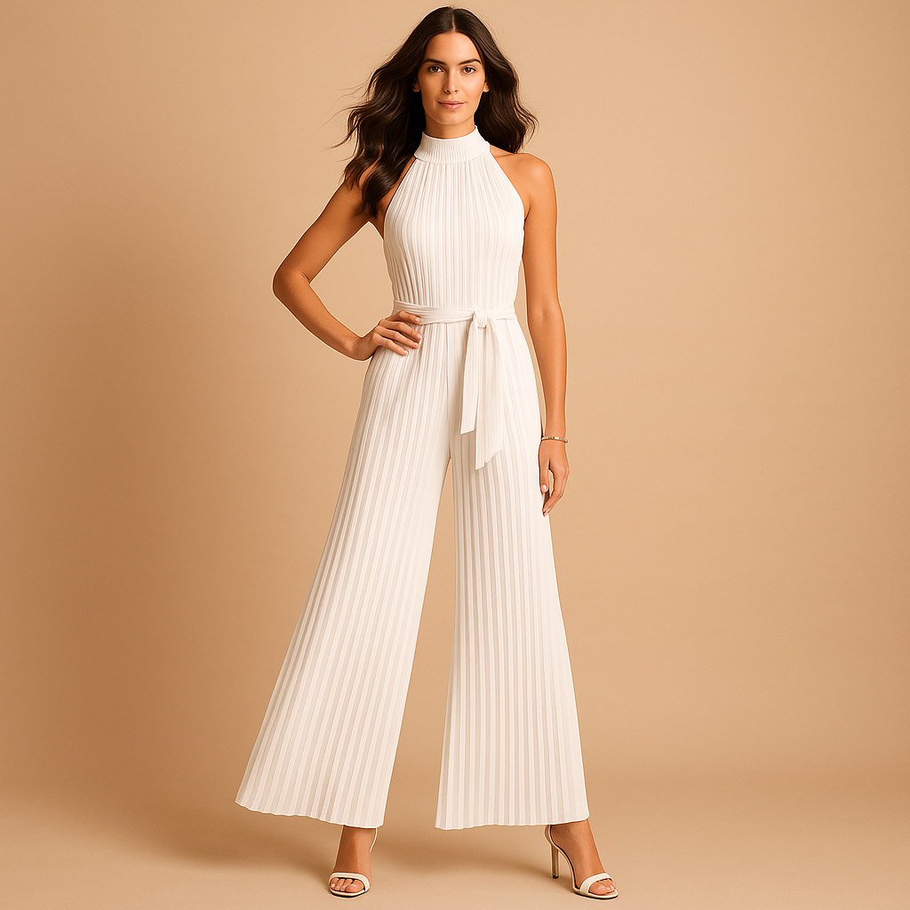 Women’s pleated jumpsuit with high neckline, wide legs, and matching belt in light blue, pink, white, and black, perfect for elegant events.