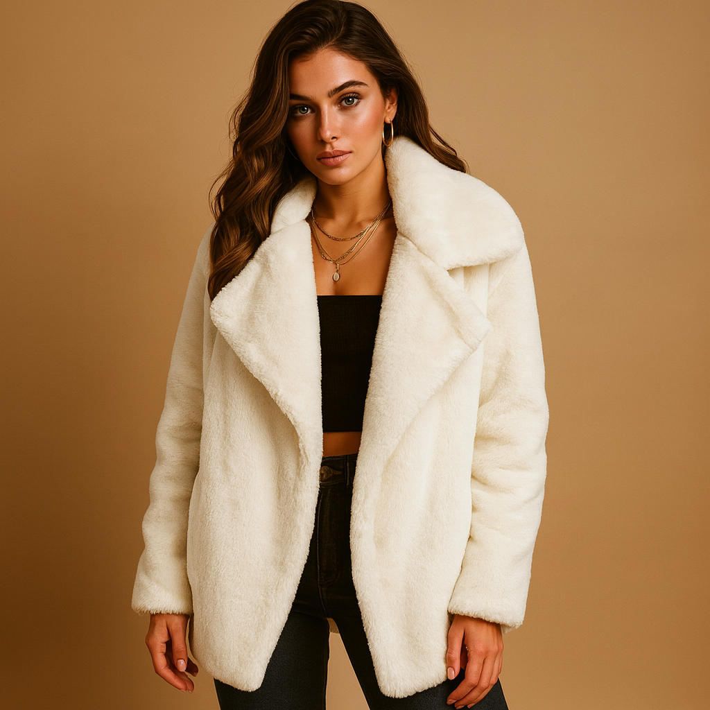 Plush winter coat for women with lapel collar, medium length, and side pockets. Soft, warm, and elegant for casual, office, or formal winter wear.