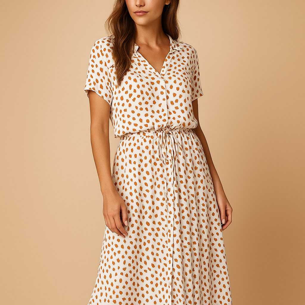 Women’s polka dot midi dress made from soft cotton blend with a flattering fit, perfect for everyday wear and special occasions.