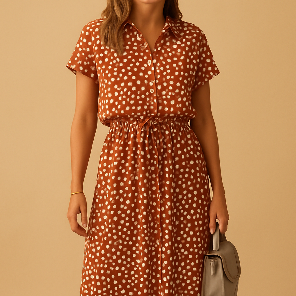 Women’s polka dot midi dress made from soft cotton blend with a flattering fit, perfect for everyday wear and special occasions.