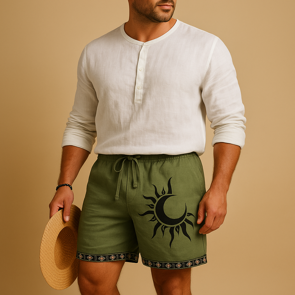 Men’s printed summer shorts with relaxed fit, breathable fabric, and adjustable waist, available in multiple prints and colors, perfect for hot days.
