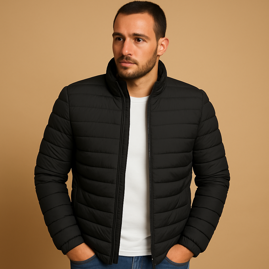 Men’s puffer jacket with hood, classic insulated design for warmth and wind protection. Perfect for cold winter days and outdoor activities.