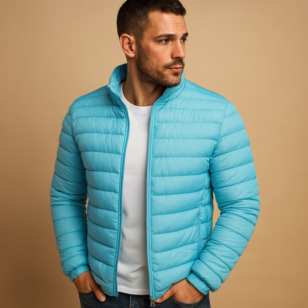 Men’s puffer jacket with hood, classic insulated design for warmth and wind protection. Perfect for cold winter days and outdoor activities.