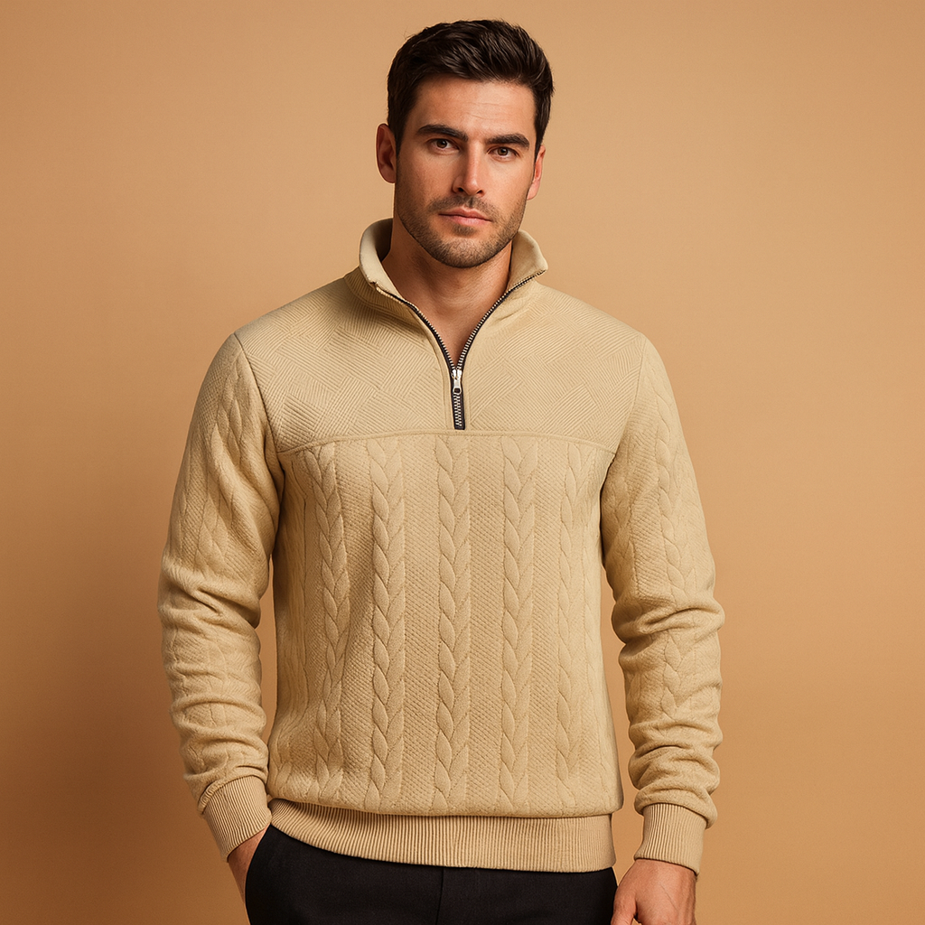 Quarter-zip pullover for men with a subtle woven pattern and relaxed fit, ideal for casual and semi-formal wear in autumn and winter.