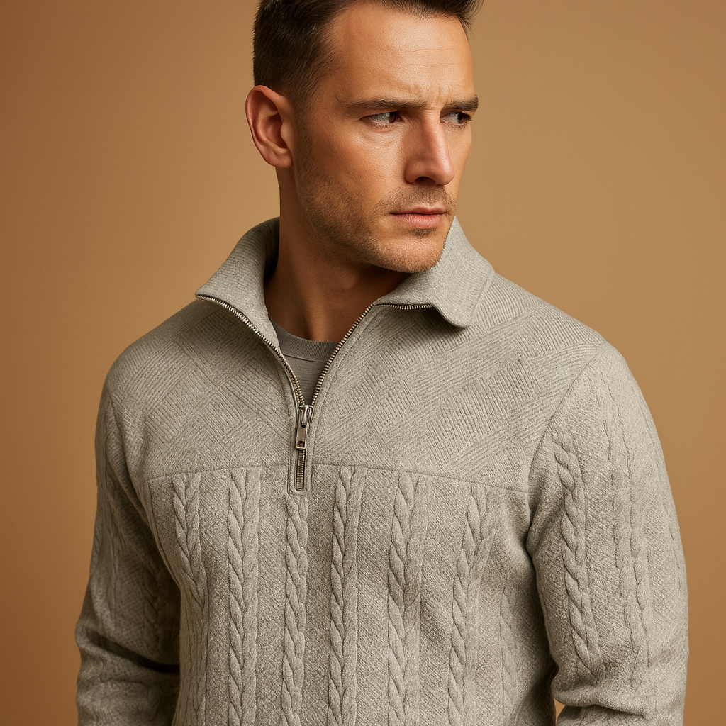 Quarter-zip pullover for men with a subtle woven pattern and relaxed fit, ideal for casual and semi-formal wear in autumn and winter.
