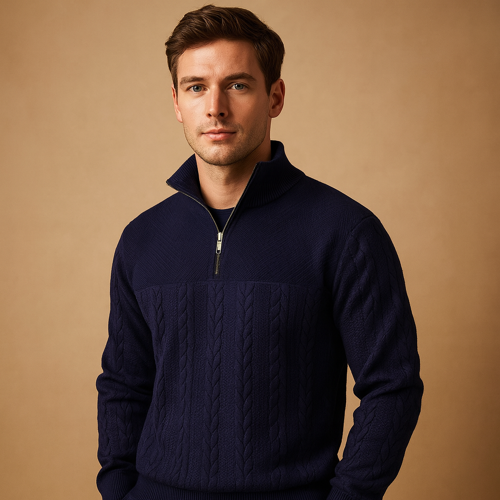 Quarter-zip pullover for men with a subtle woven pattern and relaxed fit, ideal for casual and semi-formal wear in autumn and winter.
