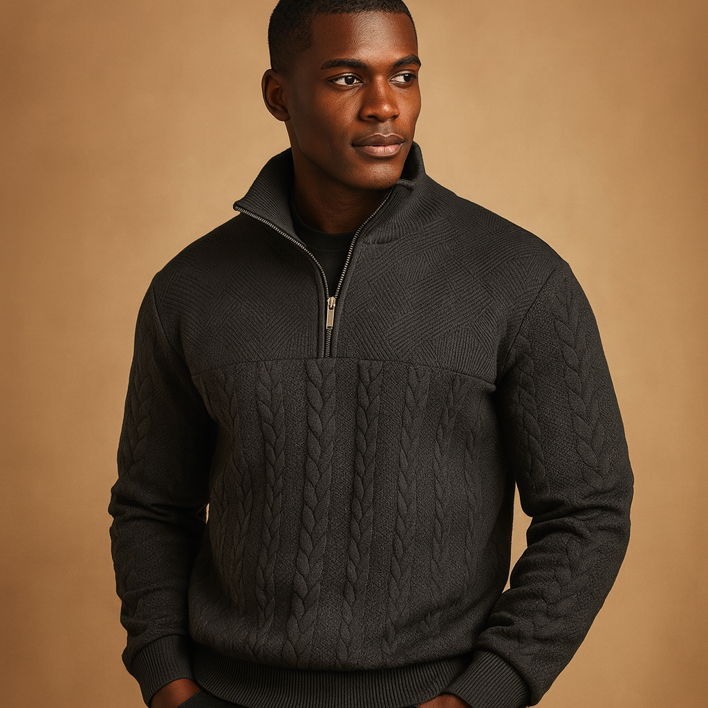 Quarter-zip pullover for men with a subtle woven pattern and relaxed fit, ideal for casual and semi-formal wear in autumn and winter.
