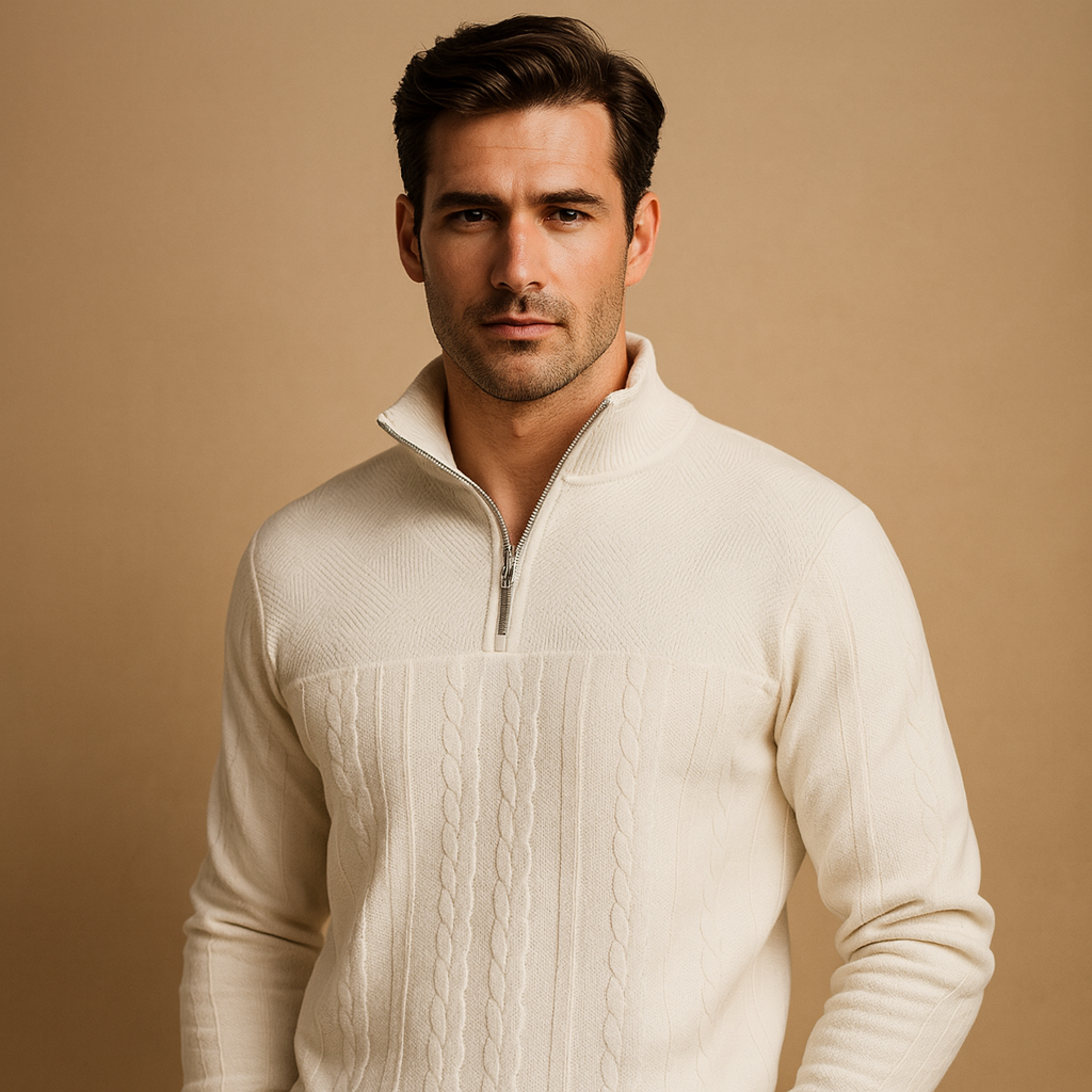 Quarter-zip pullover for men with a subtle woven pattern and relaxed fit, ideal for casual and semi-formal wear in autumn and winter.