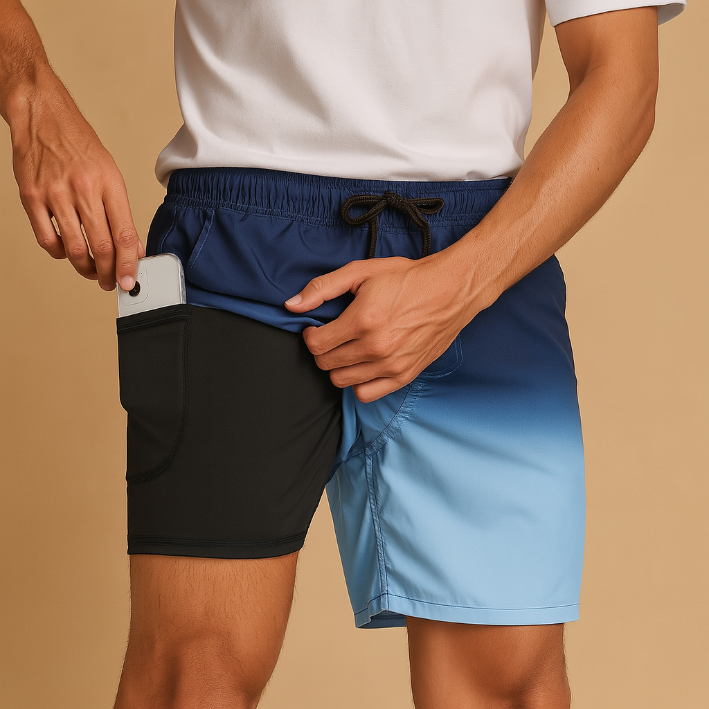 Men’s quick-dry swim shorts in navy blue, olive green, black, or red. Lightweight design, perfect for swimming, beach days, and vacations.