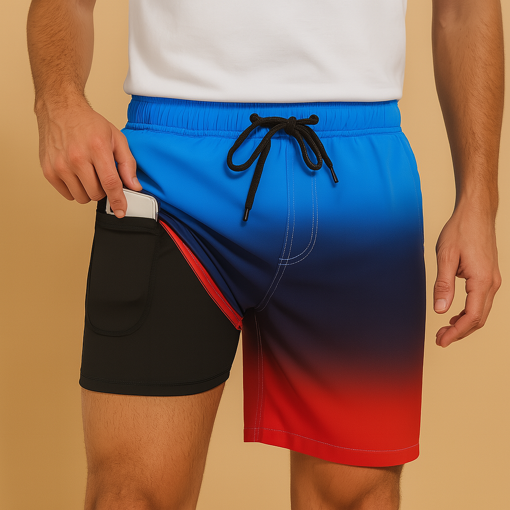 Men’s quick-dry swim shorts in navy blue, olive green, black, or red. Lightweight design, perfect for swimming, beach days, and vacations.