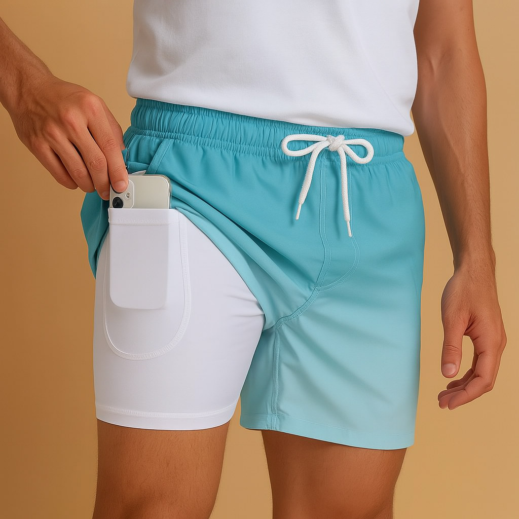 Men’s quick-dry swim shorts in navy blue, olive green, black, or red. Lightweight design, perfect for swimming, beach days, and vacations.