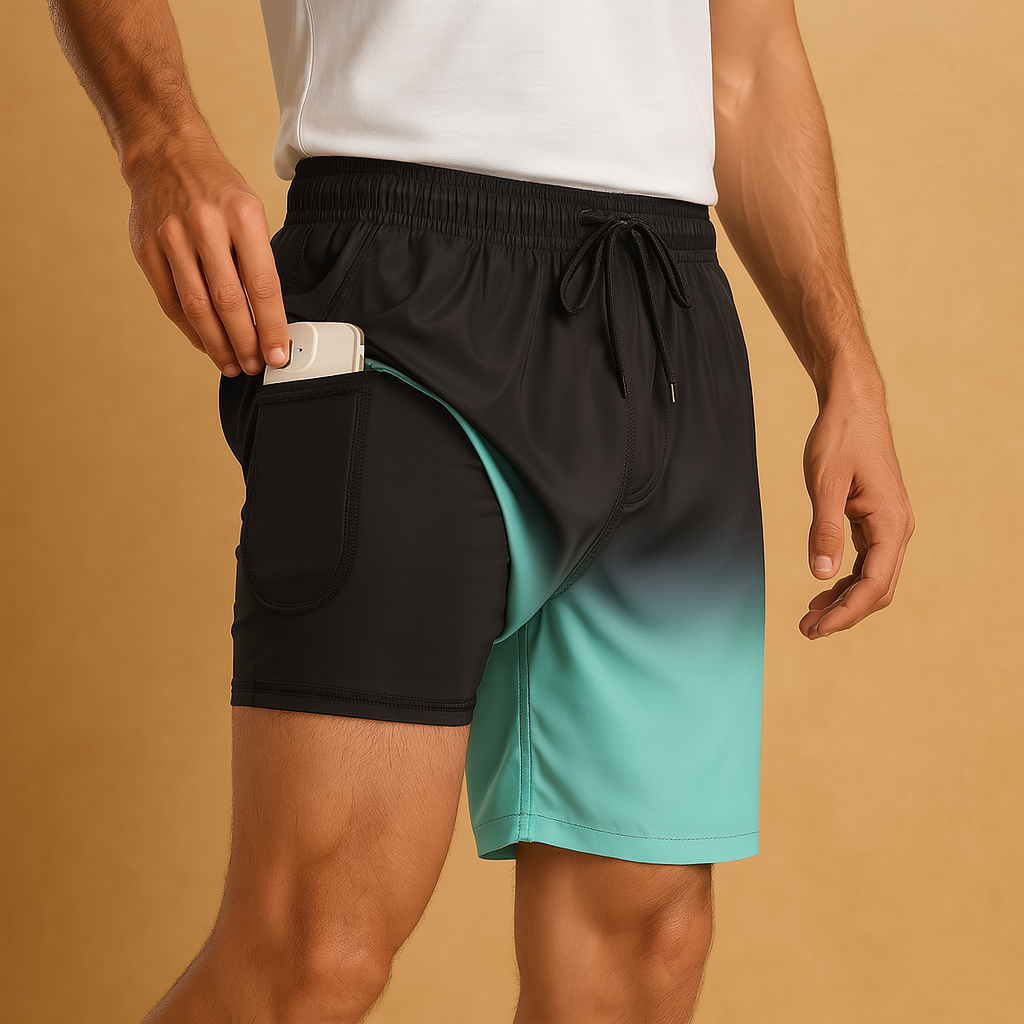 Men’s quick-dry swim shorts in navy blue, olive green, black, or red. Lightweight design, perfect for swimming, beach days, and vacations.