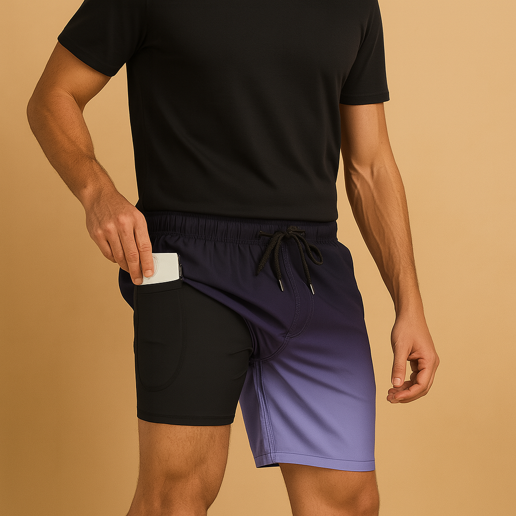 Men’s quick-dry swim shorts in navy blue, olive green, black, or red. Lightweight design, perfect for swimming, beach days, and vacations.
