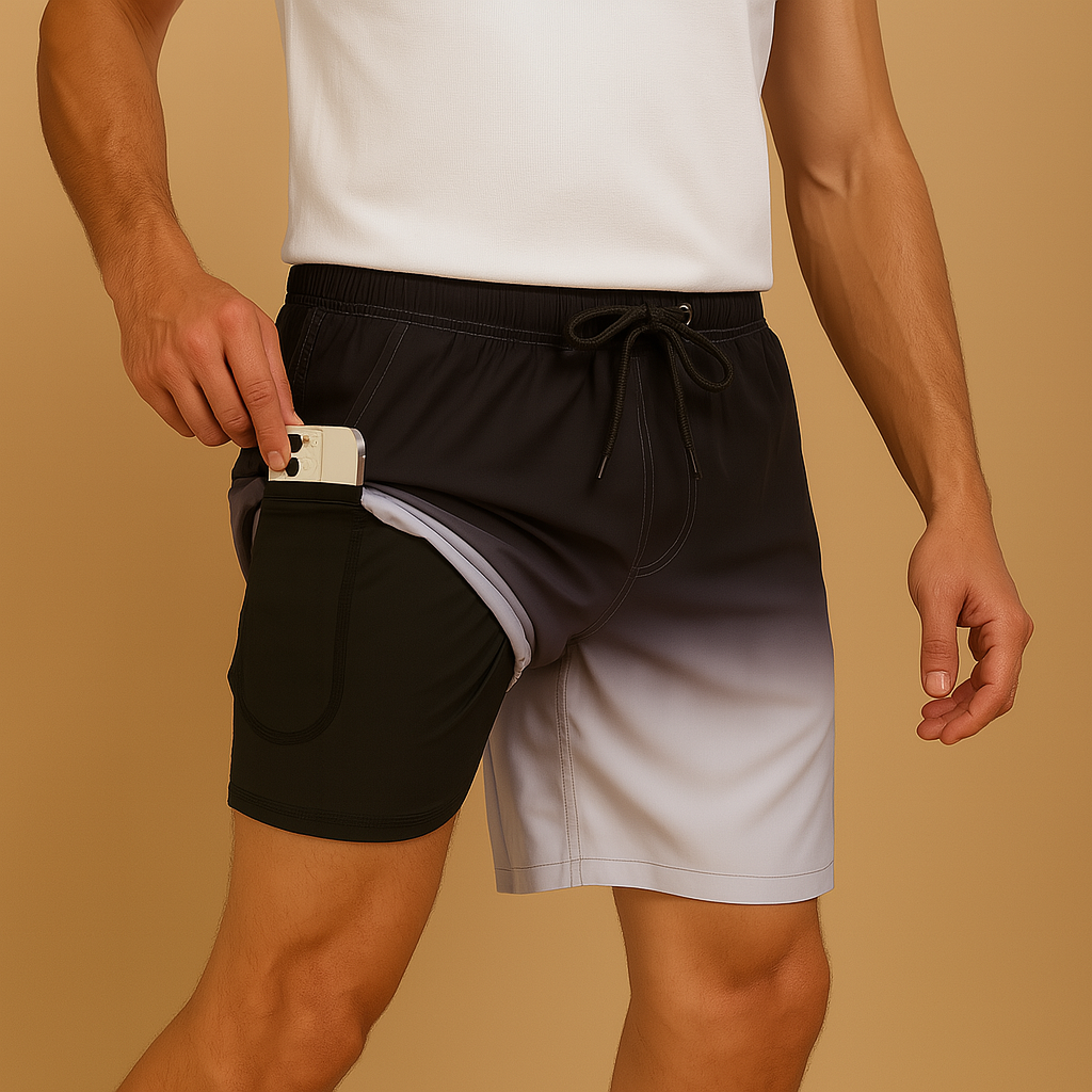 Men’s quick-dry swim shorts in navy blue, olive green, black, or red. Lightweight design, perfect for swimming, beach days, and vacations.