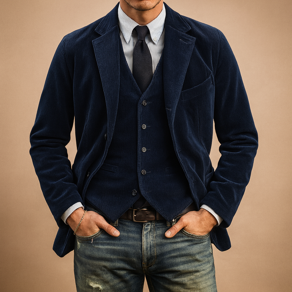 Retro corduroy jacket for men with soft fabric and classic design, perfect for autumn and winter casual or formal wear.