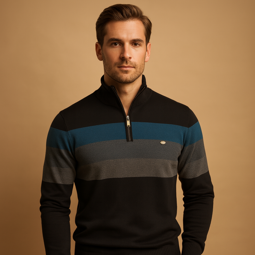 Retro striped zip pullover for men with soft fabric, collar, and vintage design, ideal for casual or smart-casual wear in autumn and winter.