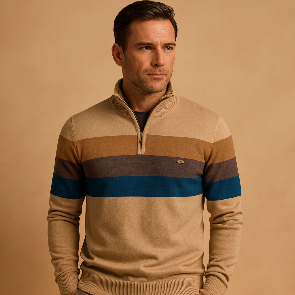 Retro striped zip pullover for men with soft fabric, collar, and vintage design, ideal for casual or smart-casual wear in autumn and winter.
