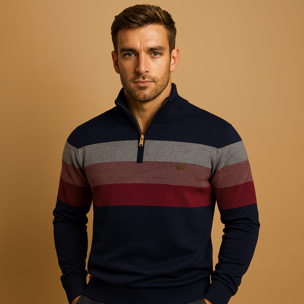 Retro striped zip pullover for men with soft fabric, collar, and vintage design, ideal for casual or smart-casual wear in autumn and winter.
