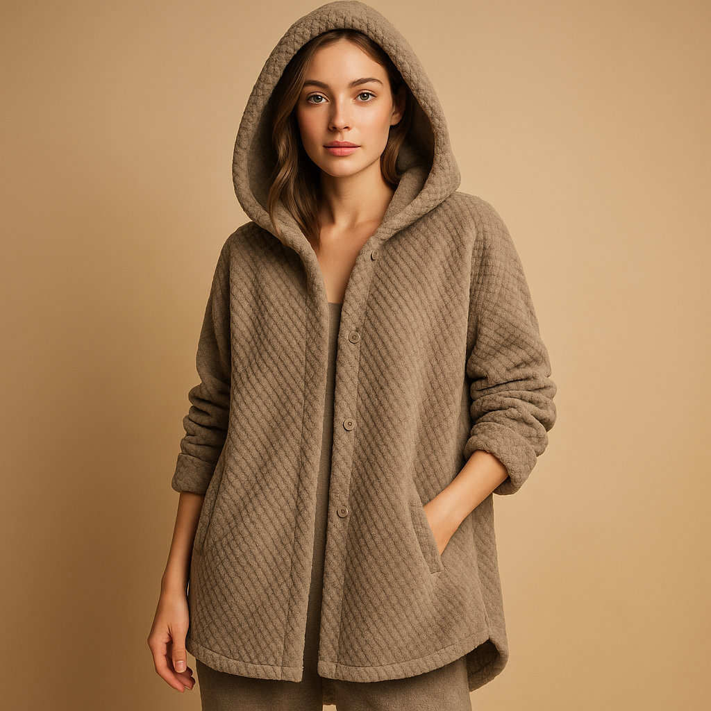 Women’s reversible fleece jacket with hood and ribbed sleeves in soft tones, tailored fit for autumn and winter casual comfort and style.