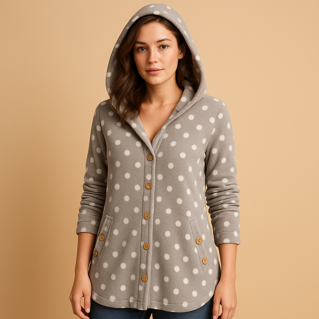 Women’s reversible fleece jacket with hood and ribbed sleeves in soft tones, tailored fit for autumn and winter casual comfort and style.