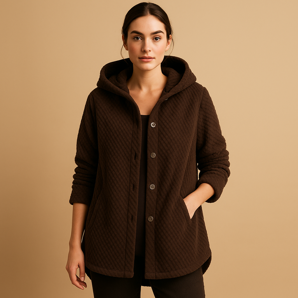 Women’s reversible fleece jacket with hood and ribbed sleeves in soft tones, tailored fit for autumn and winter casual comfort and style.