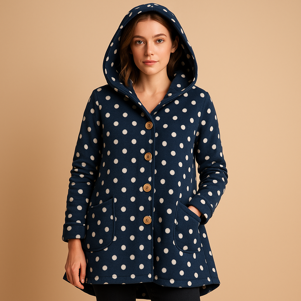 Women’s reversible fleece jacket with hood and ribbed sleeves in soft tones, tailored fit for autumn and winter casual comfort and style.