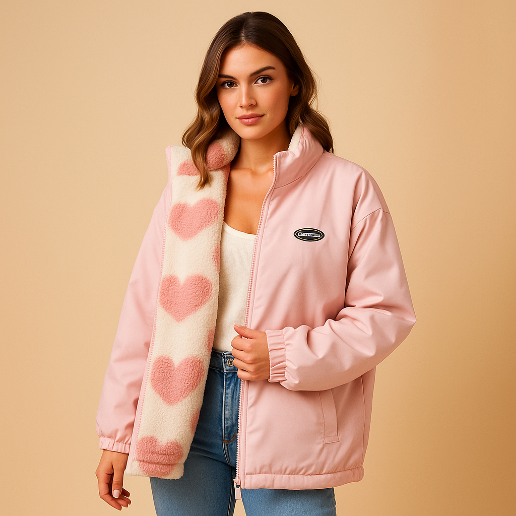 Reversible winter coat for women featuring a double-sided design with a sleek silhouette, ideal for casual and elegant winter wear.