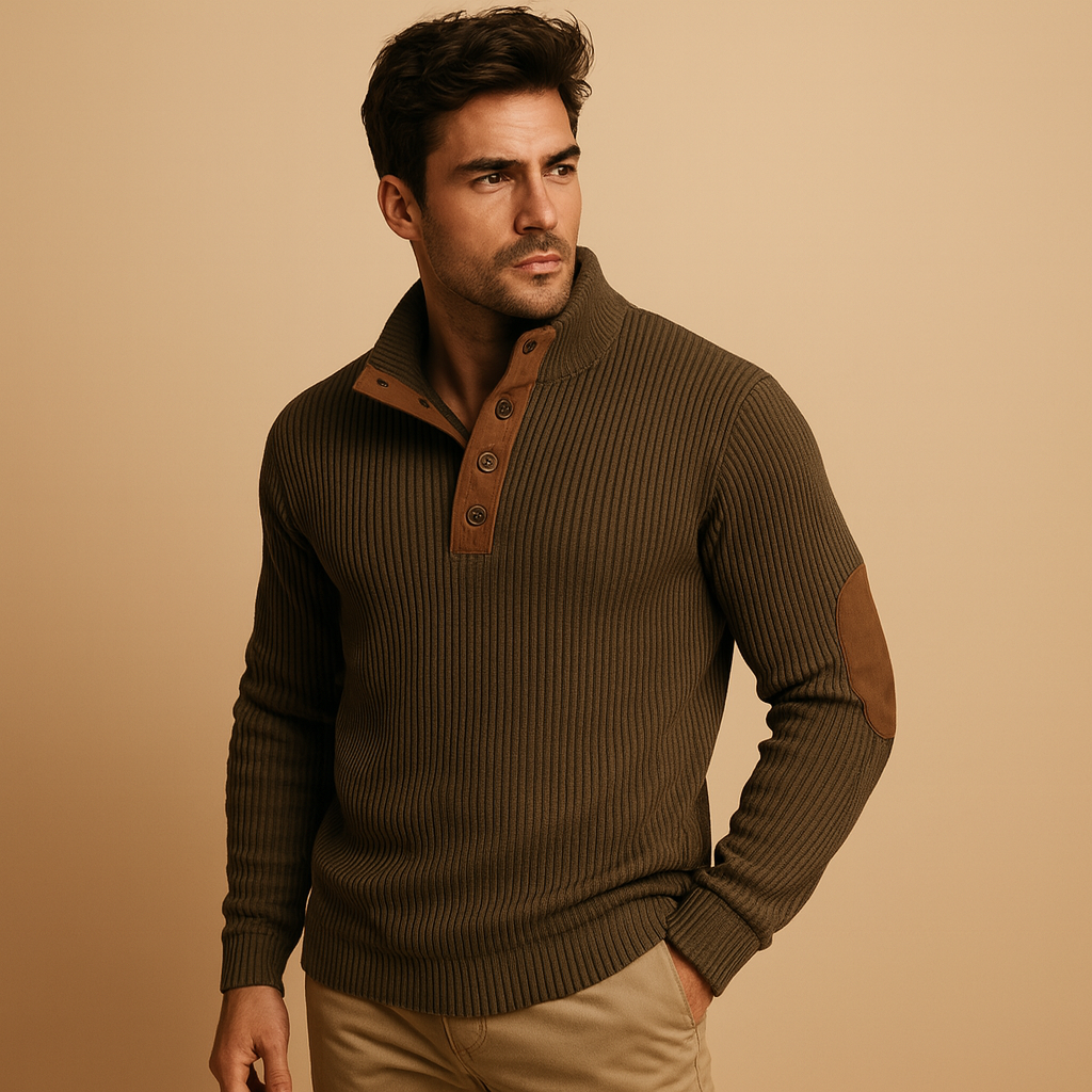 Men’s ribbed sweatshirt with stand-up button collar and soft cotton fabric, perfect for casual wear in autumn and winter.