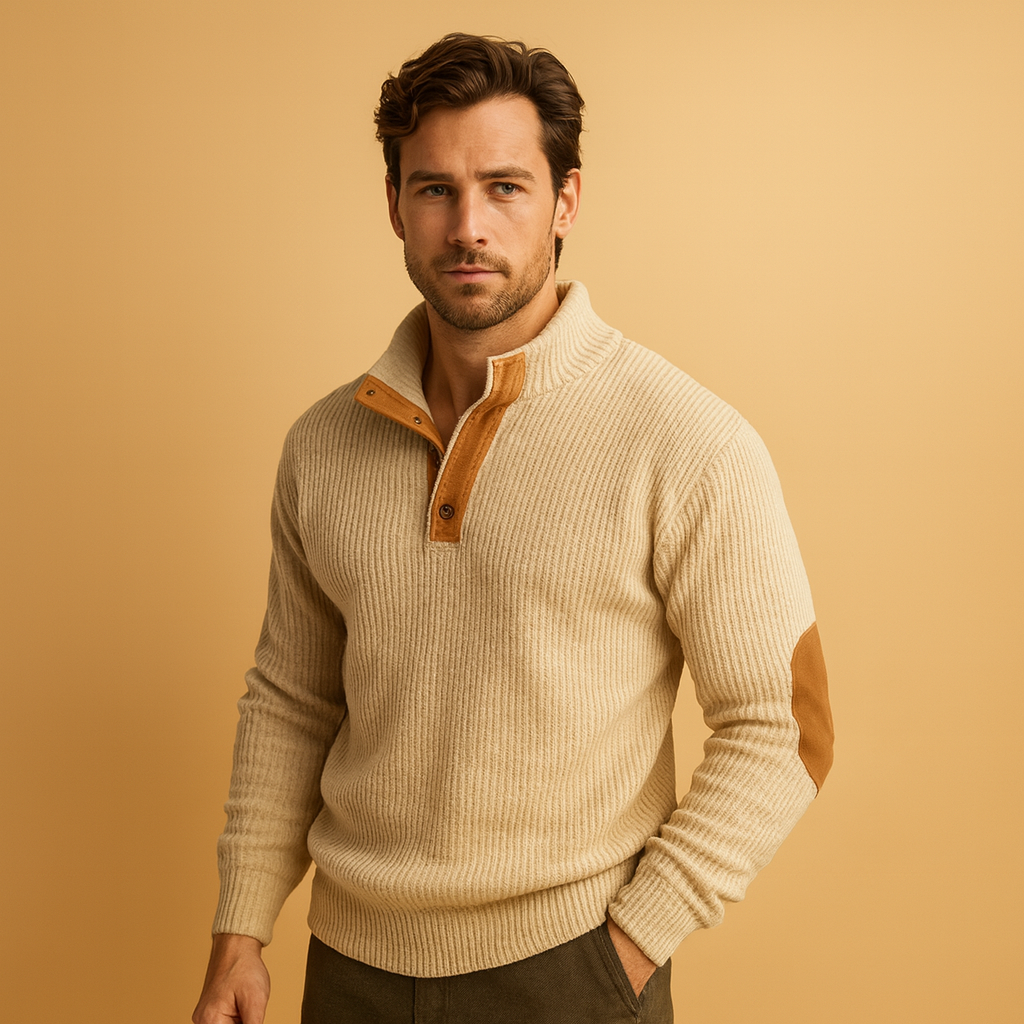 Men’s ribbed sweatshirt with stand-up button collar and soft cotton fabric, perfect for casual wear in autumn and winter.