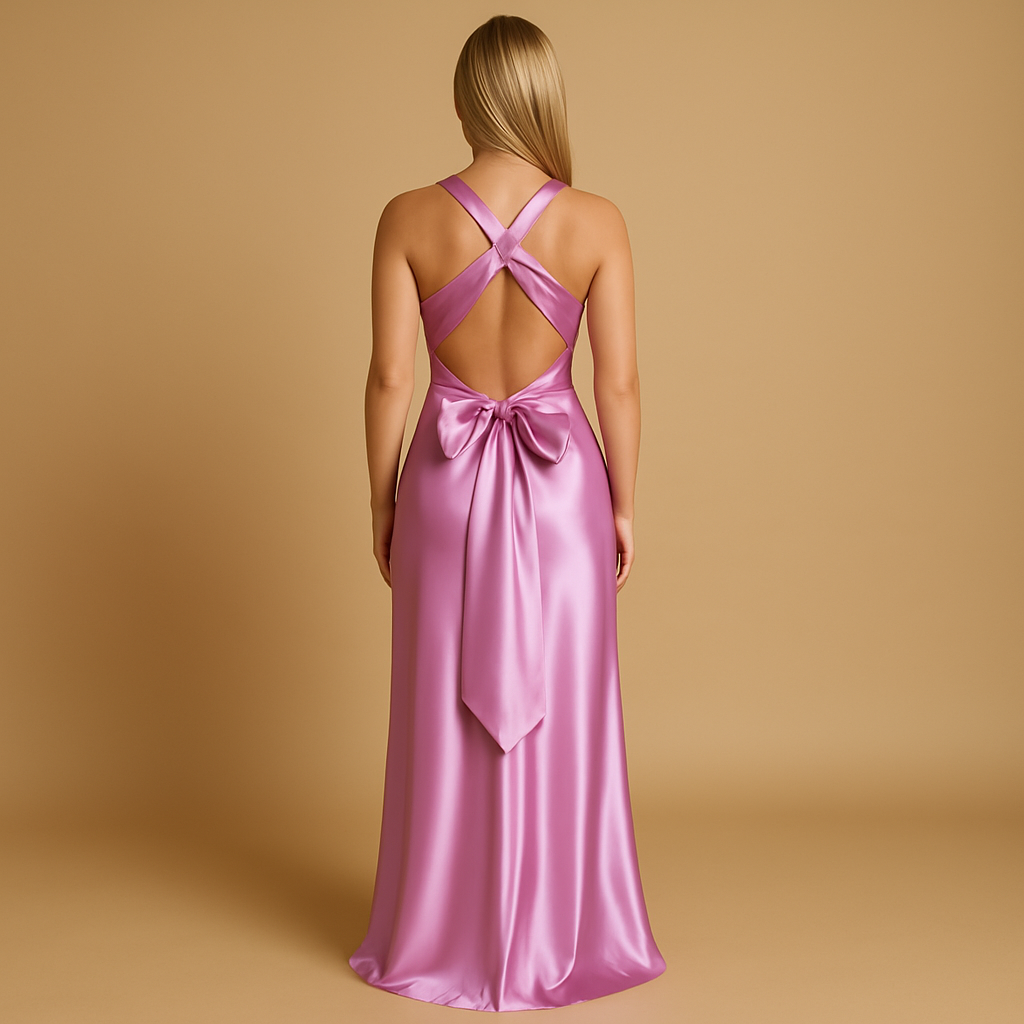 Women’s satin halter evening dress with twisted neckline and maxi fit, perfect for weddings, formal occasions, and elegant celebrations.