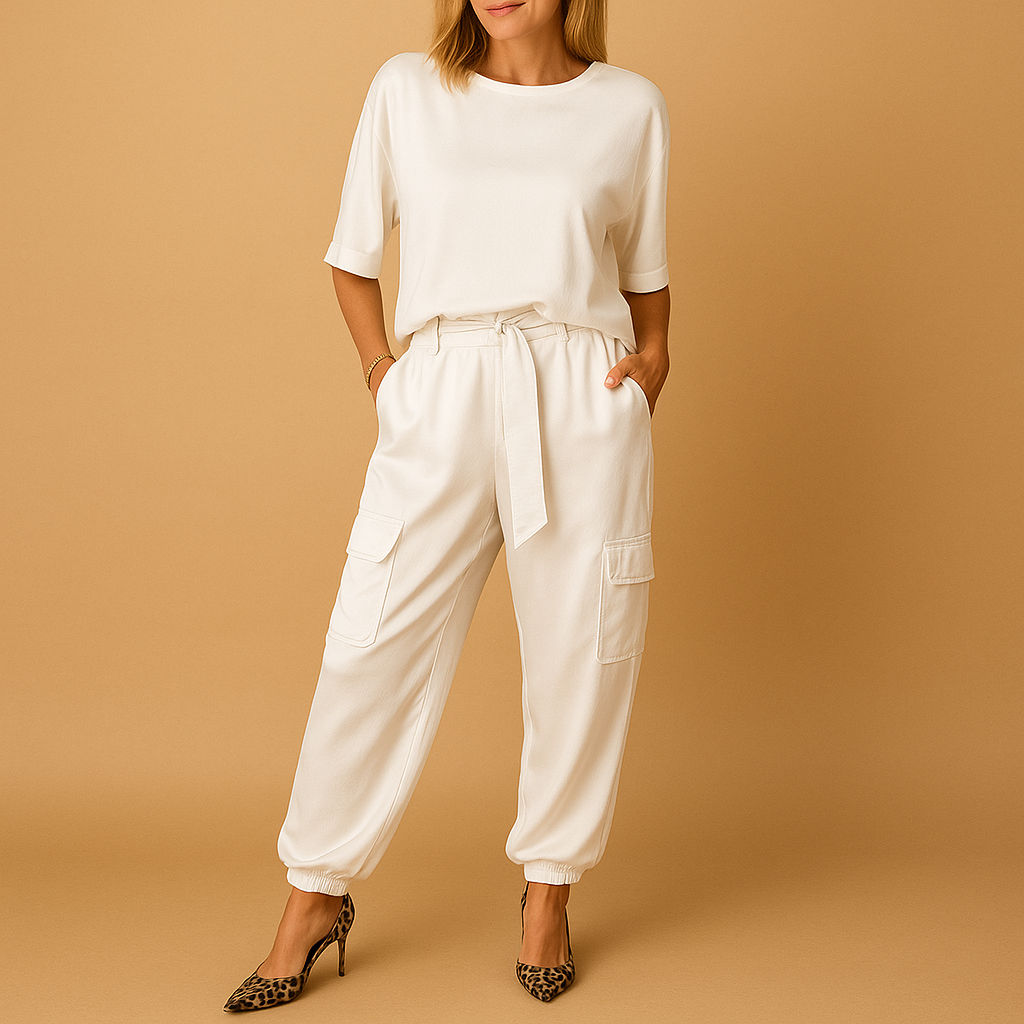 Women’s satin two-piece set with half-sleeve top and straight-leg pants, perfect for formal occasions, evenings, or stylish loungewear.
