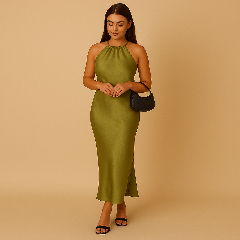 Women’s satin wrap dress in green with long sleeves and a flattering fit, perfect for weddings, parties, and elegant evening occasions.