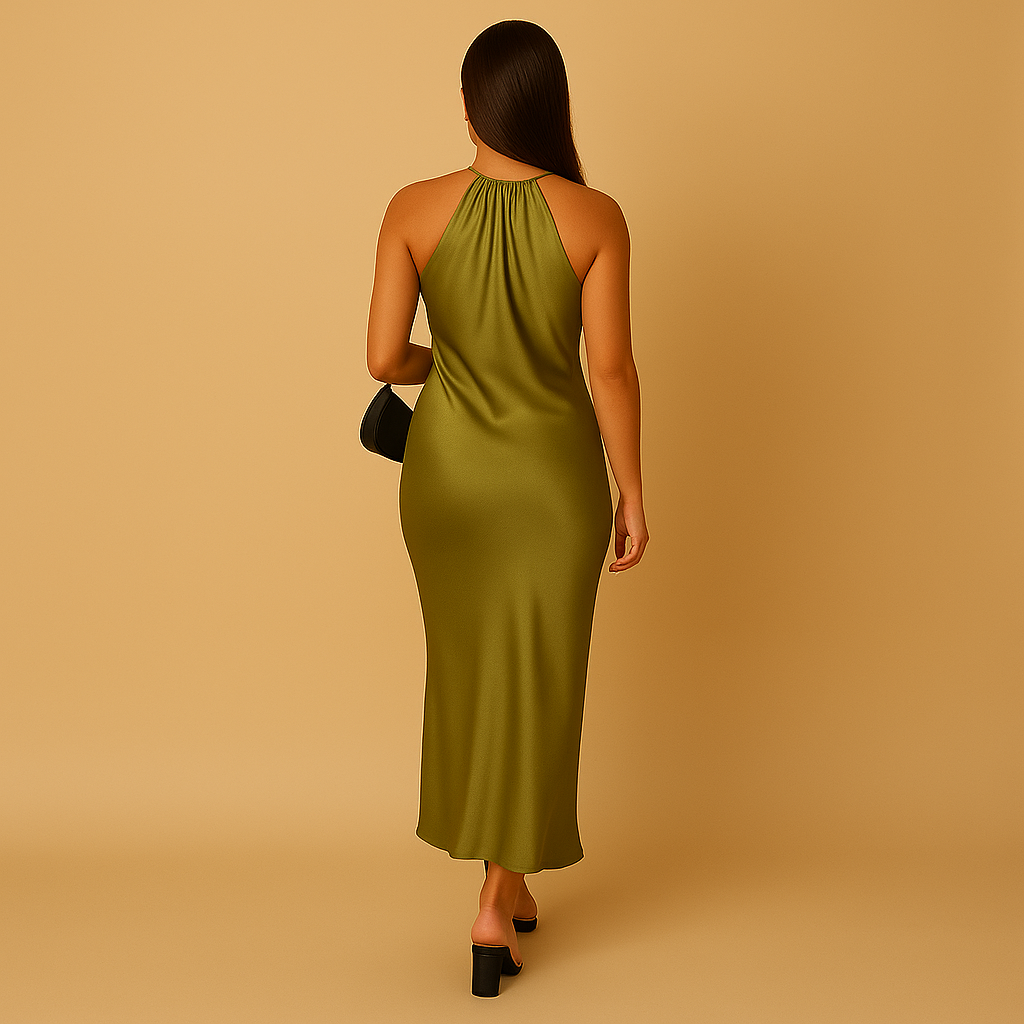 Women’s satin wrap dress in green with long sleeves and a flattering fit, perfect for weddings, parties, and elegant evening occasions.