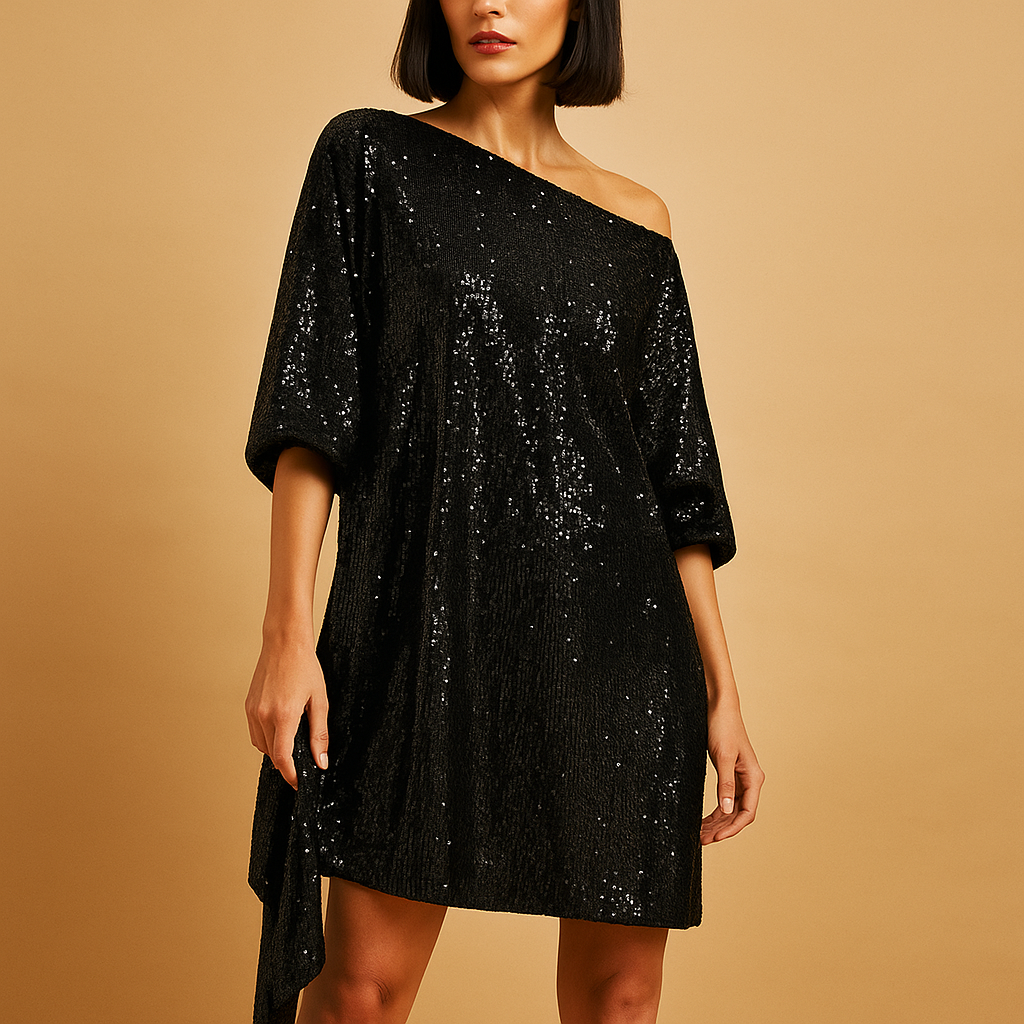 Sequin evening dress for women with ruched detailing and elegant fit, perfect for galas, parties, and special events.