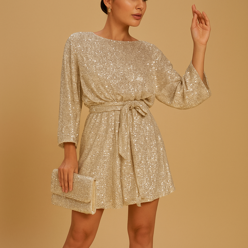 Sequin evening dress for women with ruched detailing and elegant fit, perfect for galas, parties, and special events.