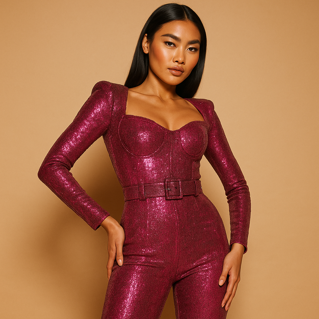 Elegant shiny long-sleeve jumpsuit for women with deep neckline and slim fit, perfect for evening events, galas, and special occasions.