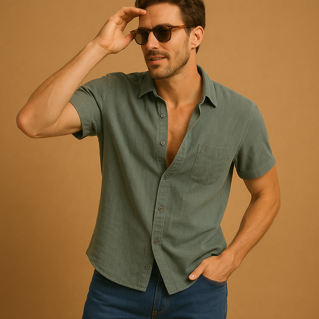 Men’s short sleeve summer shirt with relaxed fit and breathable design, perfect for warm days, beach outings, and casual occasions.