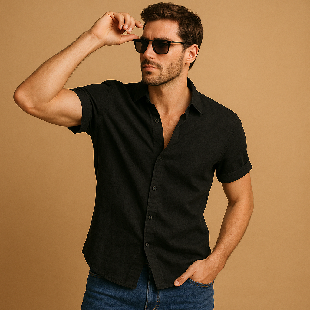 Men’s short sleeve summer shirt with relaxed fit and breathable design, perfect for warm days, beach outings, and casual occasions.