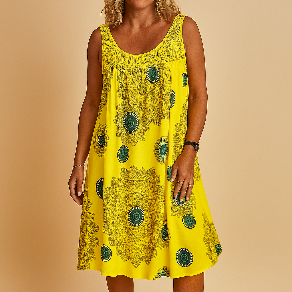 Women’s sleeveless summer dress with colorful print and loose, lightweight fit, perfect for vacations, outdoor events, and casual summer days.
