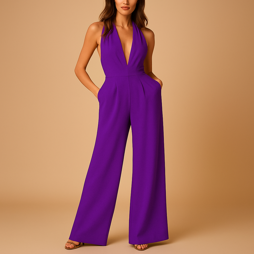 Elegant sleeveless V-neck jumpsuit for women with wide legs and backless design, perfect for parties, evenings out, and special occasions.
