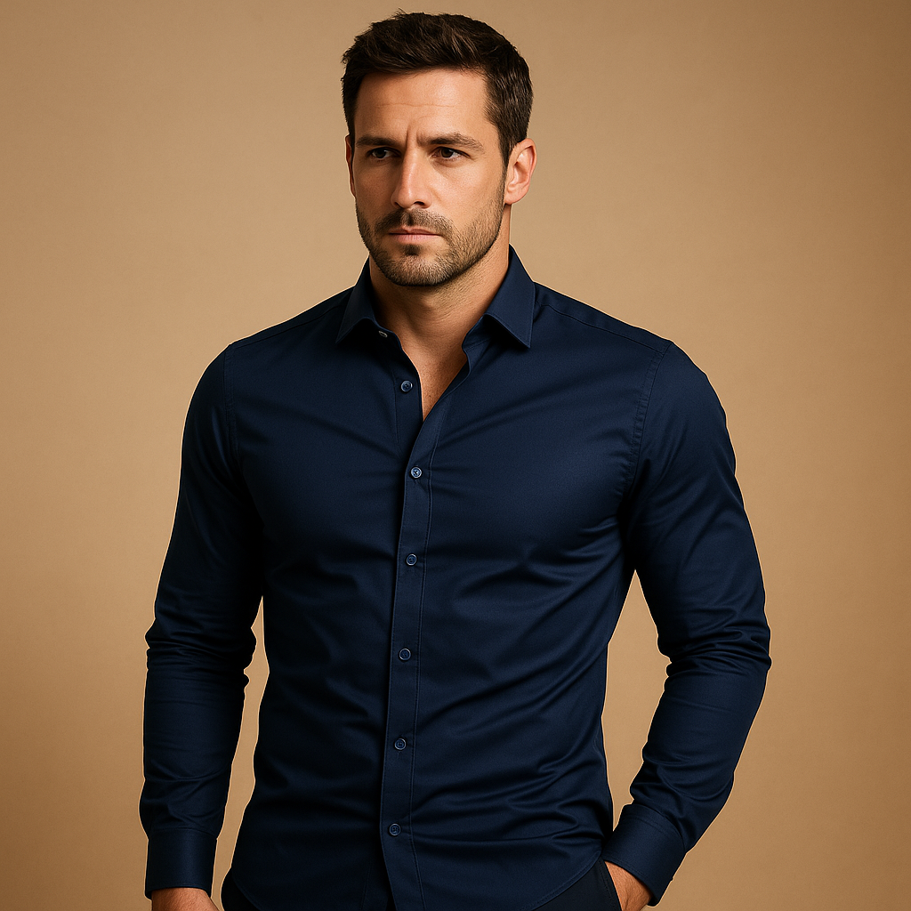 Men’s slim fit cotton shirt with tailored design and turndown collar, available in black, white, yellow, red, purple, pink, blue, and green. Perfect for office and casual outfits.