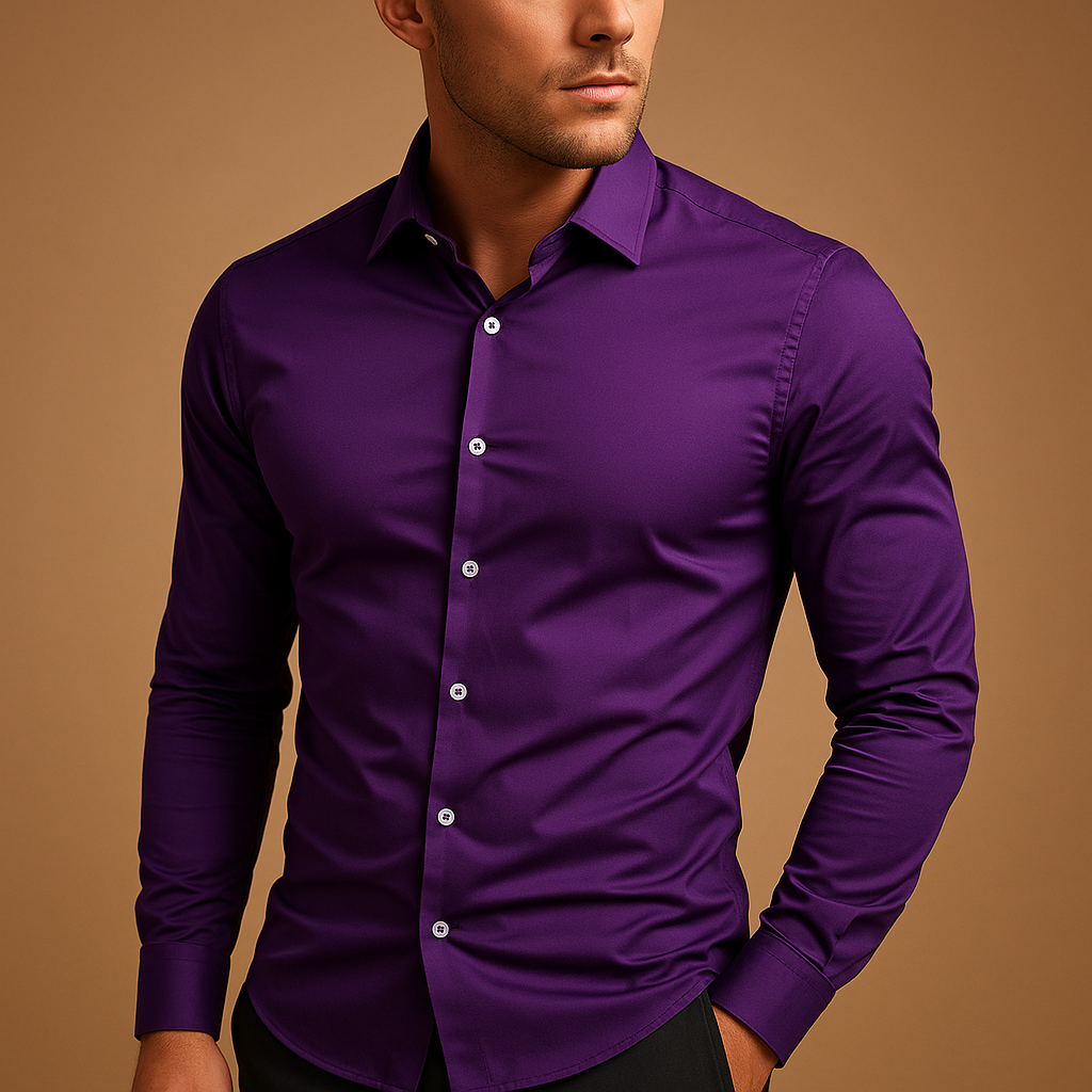Men’s slim fit cotton shirt with tailored design and turndown collar, available in black, white, yellow, red, purple, pink, blue, and green. Perfect for office and casual outfits.
