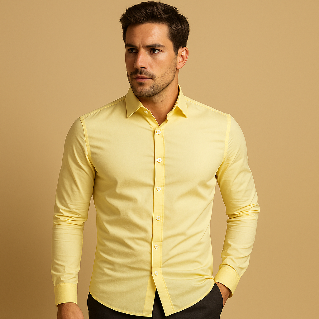 Men’s slim fit cotton shirt with tailored design and turndown collar, available in black, white, yellow, red, purple, pink, blue, and green. Perfect for office and casual outfits.