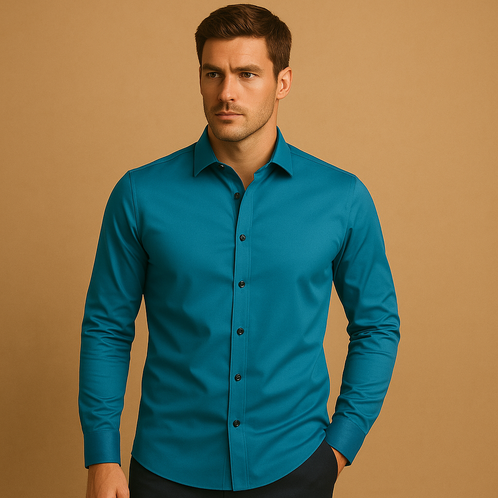 Men’s slim fit dress shirt with breathable stretch fabric, classic button-up design, and timeless collar. Perfect for business or casual outfits.