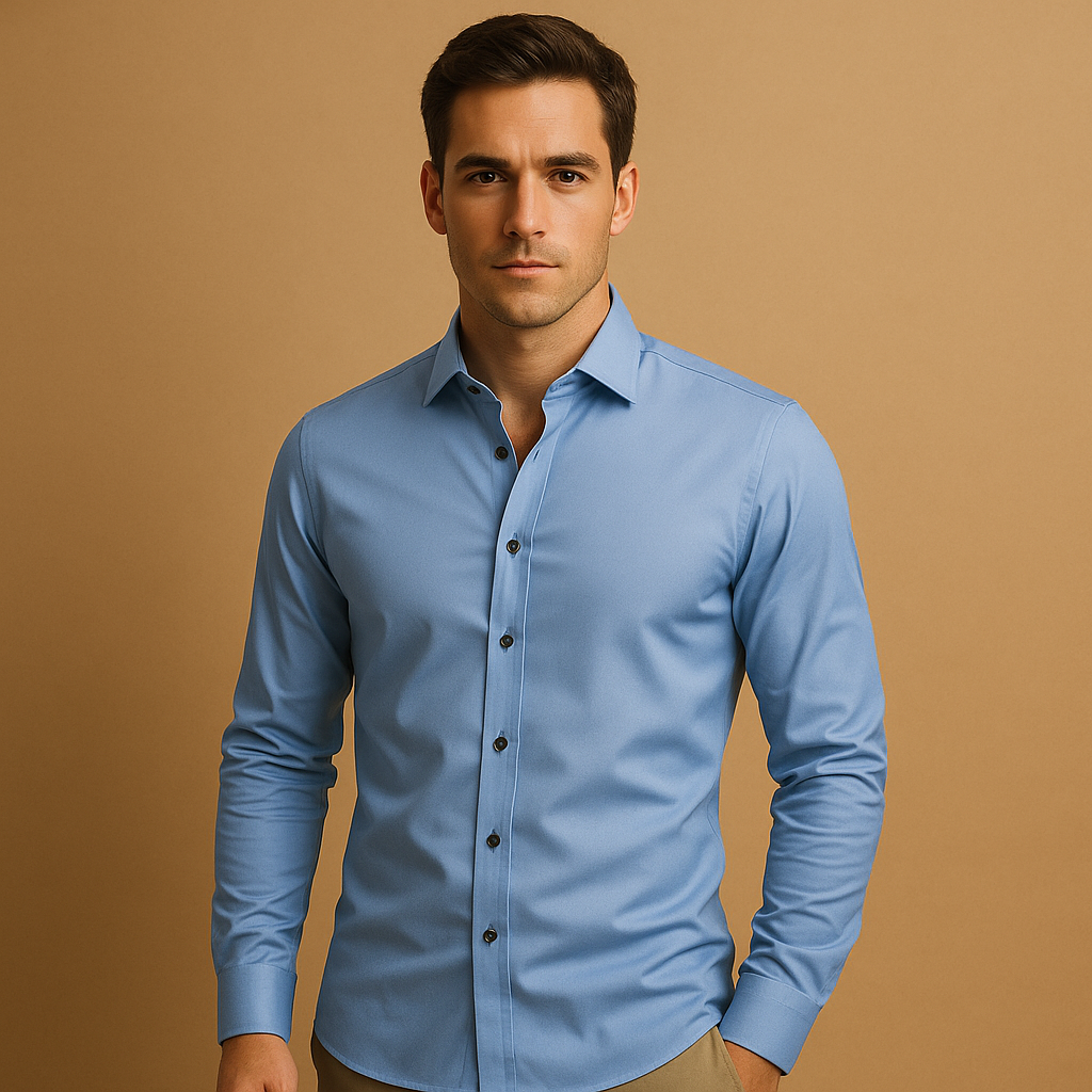 Men’s slim fit dress shirt with breathable stretch fabric, classic button-up design, and timeless collar. Perfect for business or casual outfits.