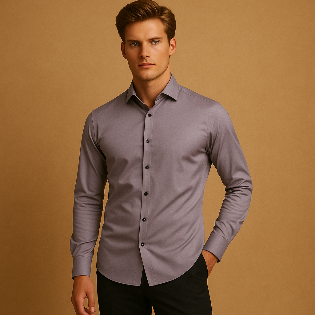 Men’s slim fit dress shirt with breathable stretch fabric, classic button-up design, and timeless collar. Perfect for business or casual outfits.