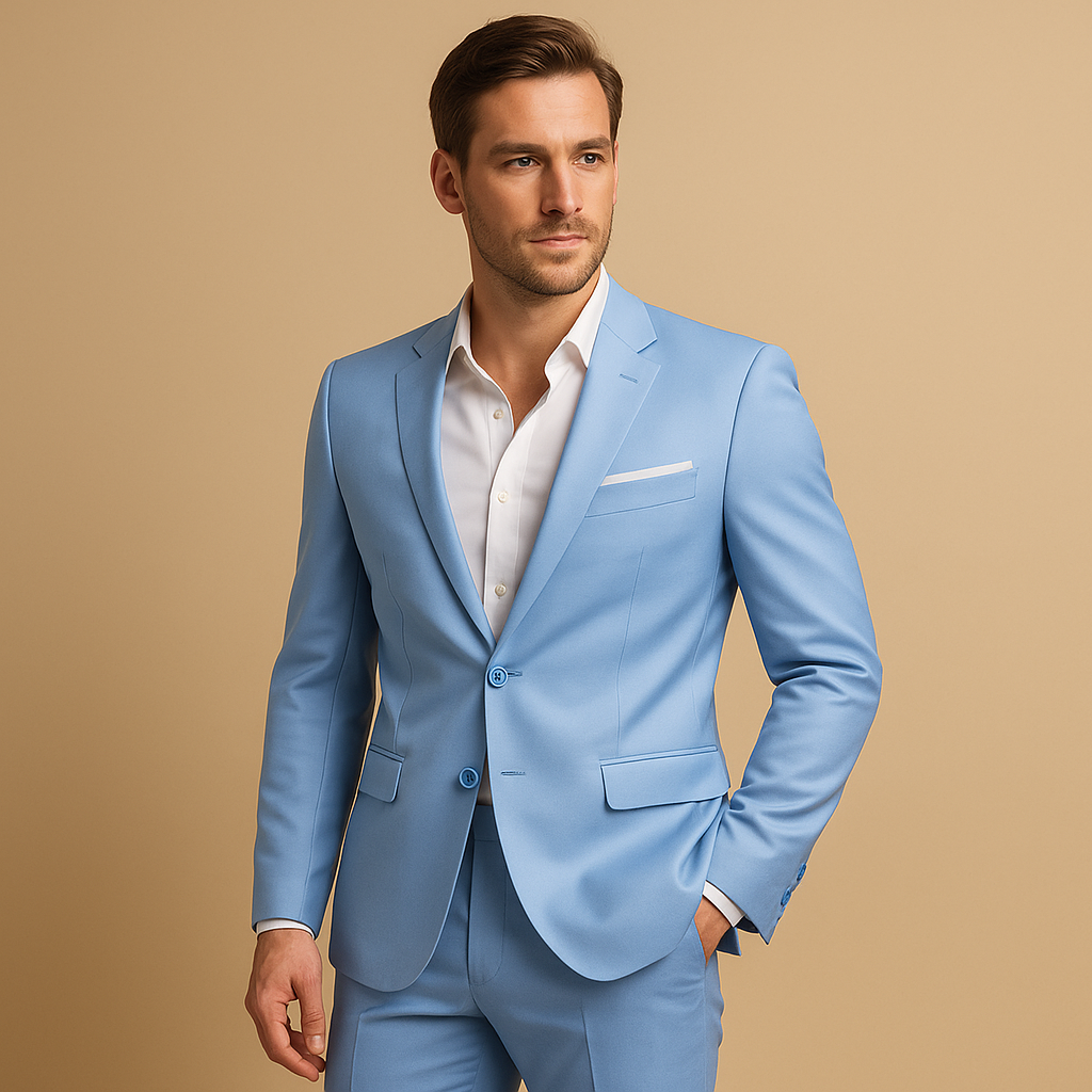 Elegant slim fit men’s formal suit with blazer and trousers, available in multiple colours. Ideal for weddings, business, and formal occasions.