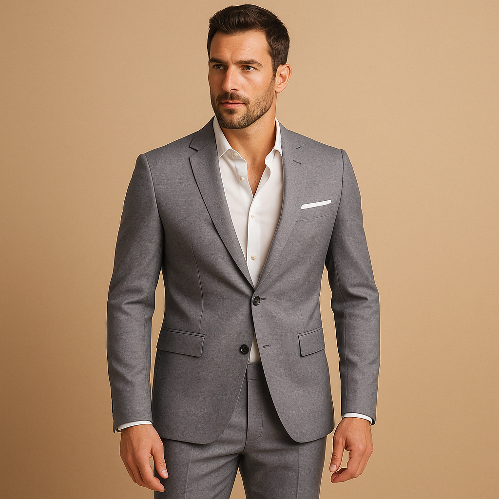 Elegant slim fit men’s formal suit with blazer and trousers, available in multiple colours. Ideal for weddings, business, and formal occasions.