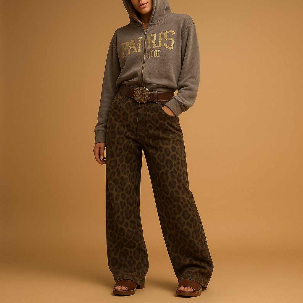 Women’s slim fit leopard print jeans with stretch, featuring functional pockets and a bold animal-print design for stylish casual or evening outfits.