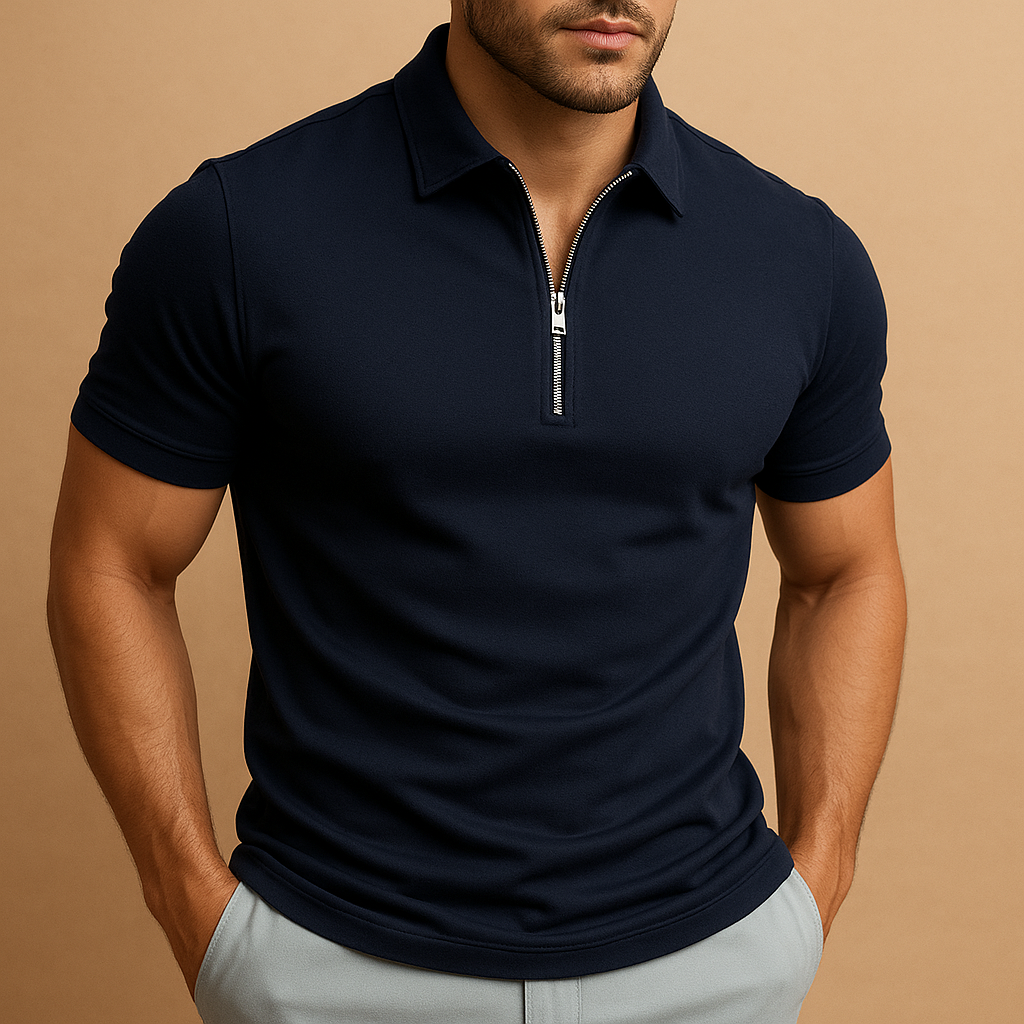 Men’s slim fit polo shirt with zipper neckline, modern cut, and breathable stain- and odor-resistant fabric. Perfect for work, leisure, and casual wear.